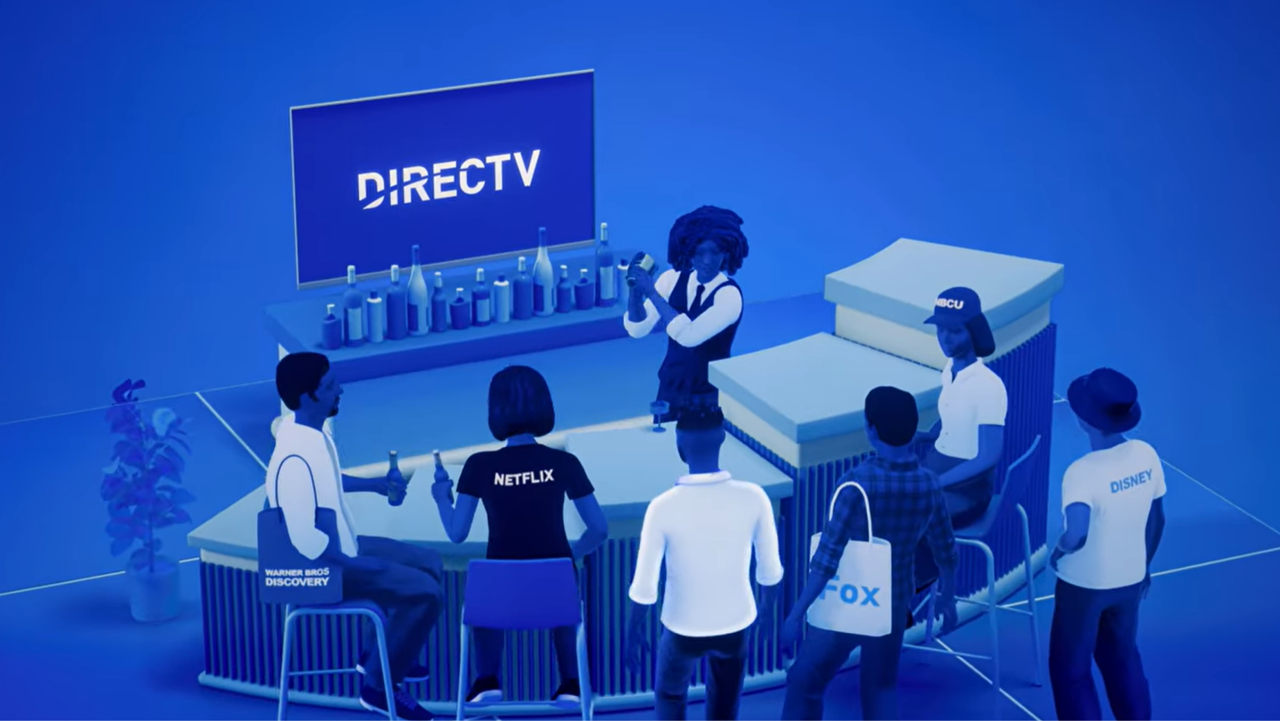 DirecTV illustration showing streaming content providers gathered around a bar with the DirecTV logo on screen